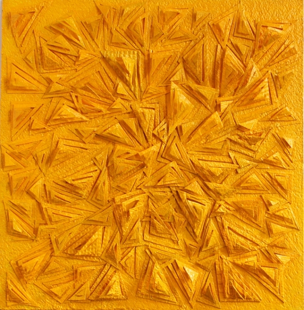 Yellow Abstract, Handmade paper, Cut Paper, Cut paper with triangular patterns. Acrylic on incised handmade paper. Year 2015.