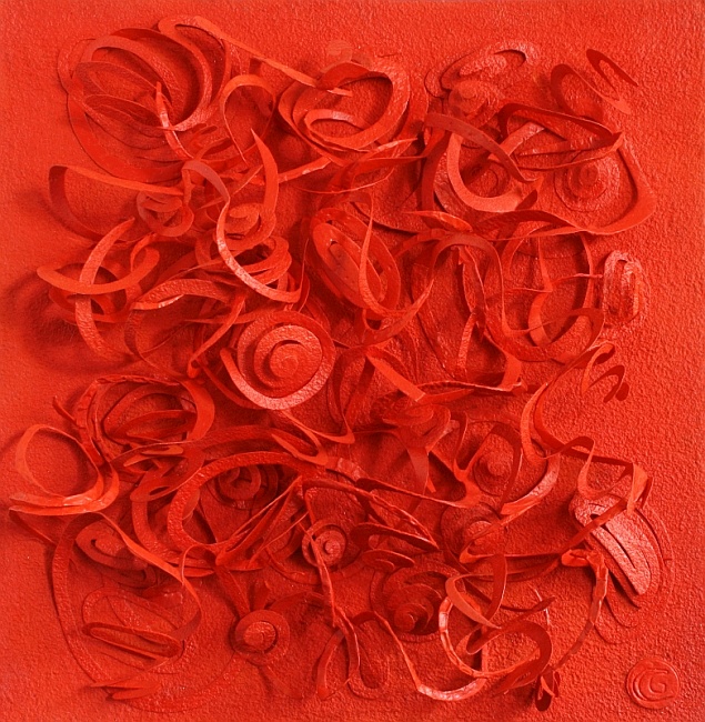 Red Abstract Swirls, Handmade paper, Cut Paper, Acrylic on incised handmade paper. Year 2010.