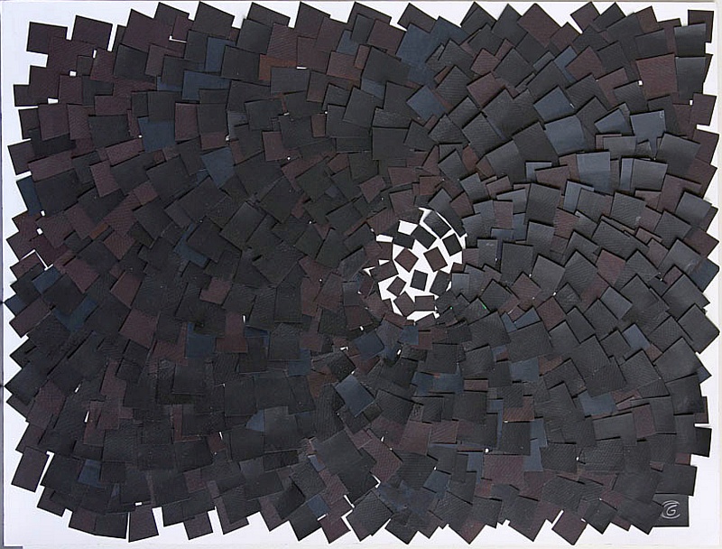 Swirling Black Paper, Handmade paper, Cut Paper, Cut paper arranged to look like swirling towards the center. Year 2010.