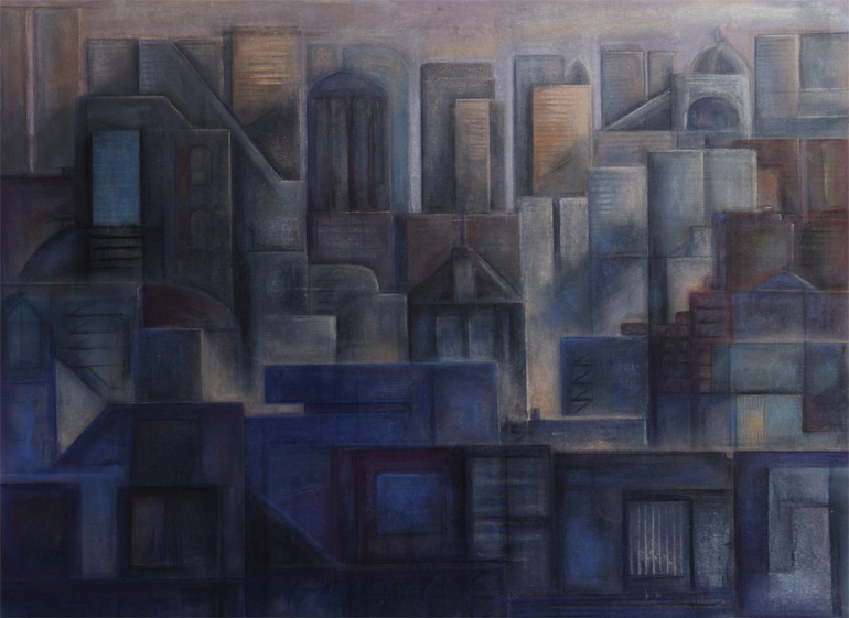 Buildings, Handmade paper, Abstract, Pastel on paper. Year 2010.