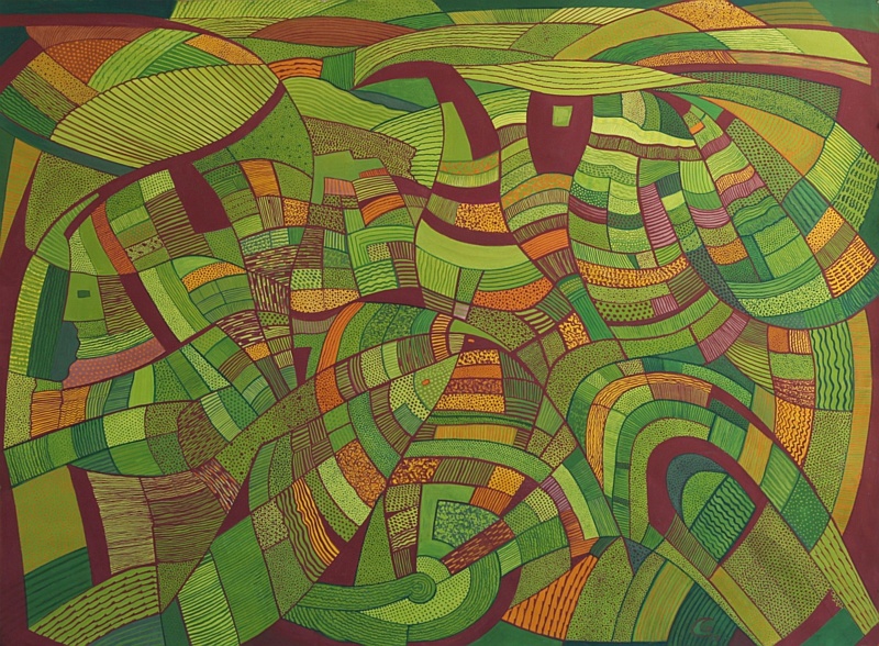 Green Farm Landscape with Sealife Patterns, Handmade paper, Abstract, Acrylic on paper. Year 2015