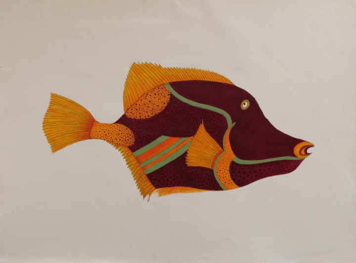 Trigger Fish, Handmade paper, Plants and Animals, Acrylic on paper. Year 2022.