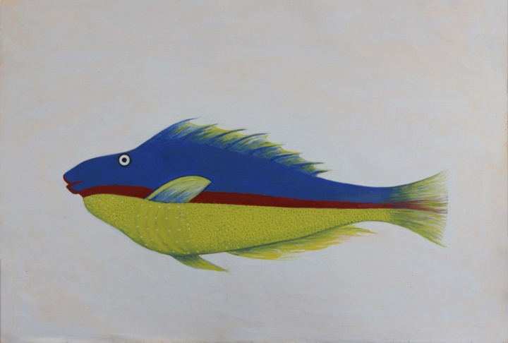 Wrasse, Handmade paper, Plants and Animals, Acrylic on paper.  Year 2022.