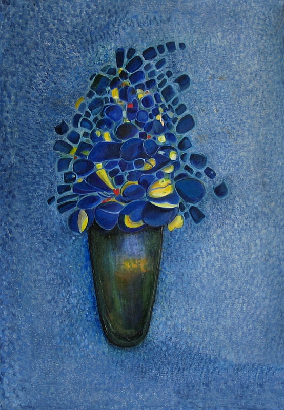 Blue Abstract Flowers, Handmade paper, Plants and Animals, Acrylic and oil paint on paper. Year 2000.