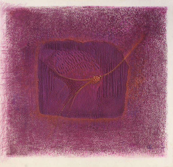 Comet Magenta, Handmade paper, Abstract - Collage, Oil paint, pastel, and glass on commercial paper and  incised handmade paper. Year 2001.