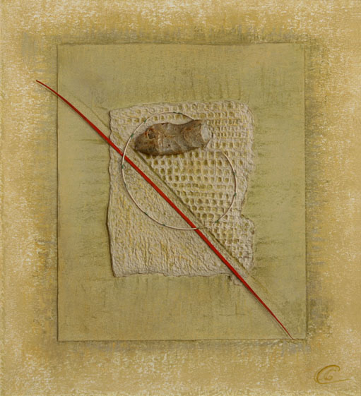 Prehistoric, Handmade paper, Abstract - Collage, Acrylic, pastel, oil paint, wax pencil, wire, rock on commercial paper and incised handmade paper. Year 2001.