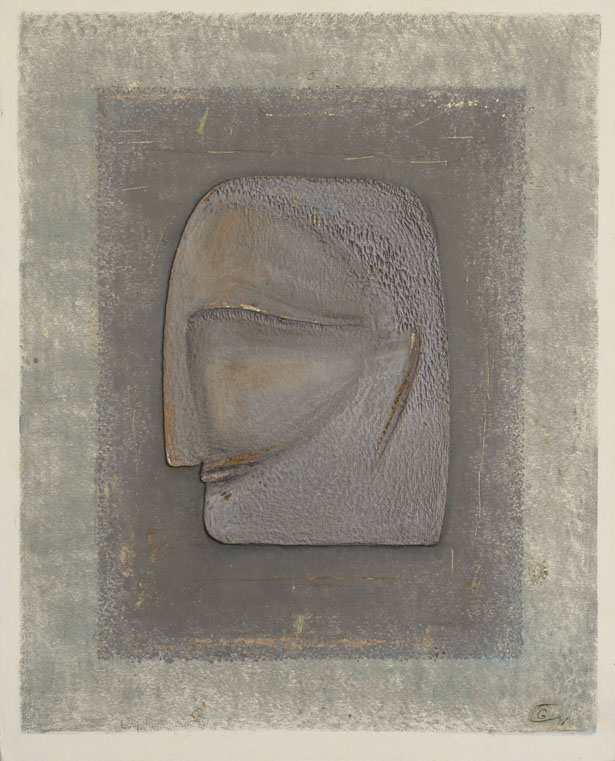 Stone Profile, Handmade paper, The Human Form, Pastel, water color, oil paint, gold leaf on commercial paper and incised handmade paper. Year 1998.