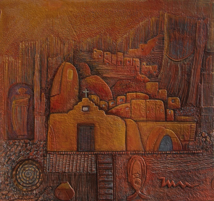 Adobe Village, Handmade paper, Abstract, Adobe village creates a moody old world look with heavily detailed designs. Acrylic on incised handmade paper. Year 2015.