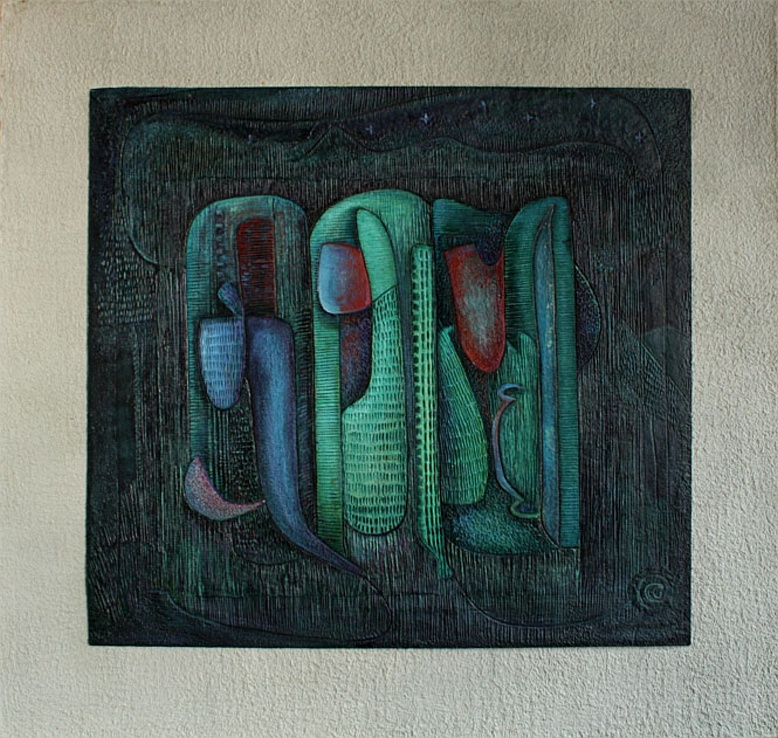 Night In Eden, Handmade paper, Abstract, Acrylic, pastel, metal paint -on incised handmade paper. Year 2004.