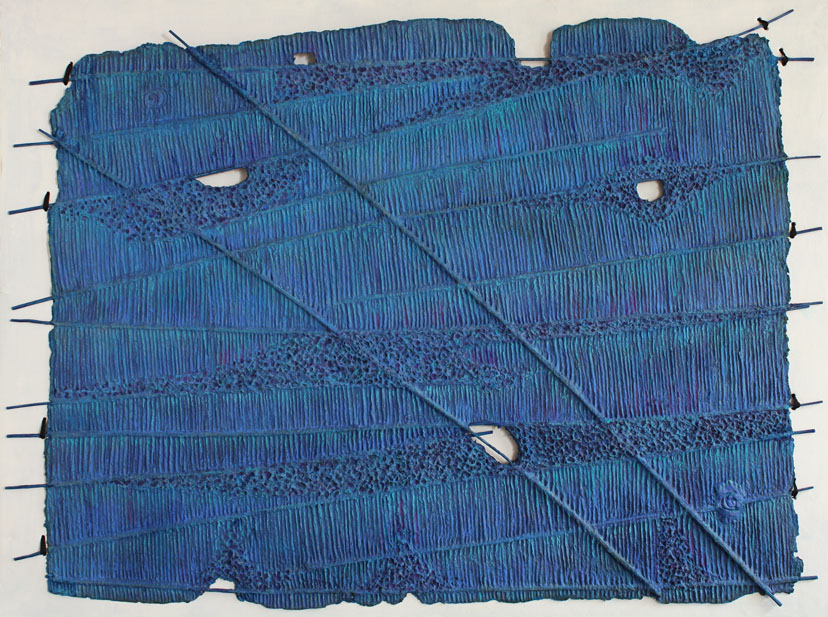 Oh! Blue Wall Hanging, Handmade paper, Abstract, Acrylic, gouache, pastel on incised handmade paper and wood. Year 2004.