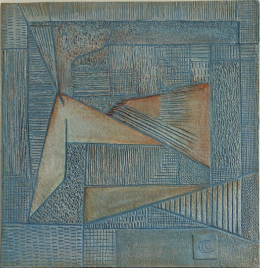 Westward, Handmade paper, Abstract, Acrylic on incised handmade paper. Year 2001