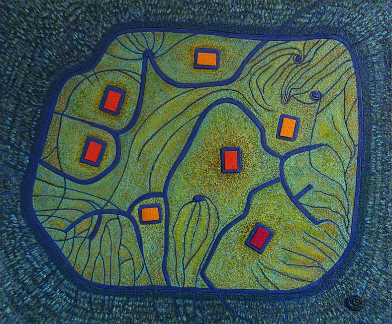 Running Man Island, Handmade paper, Aerial Views, Acrylic on incised handmade paper. Year 2010.