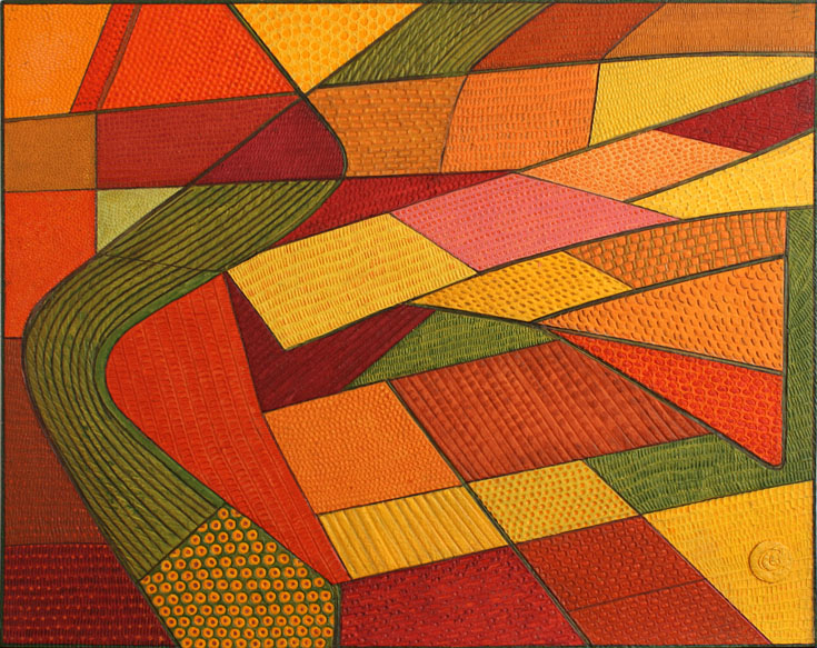 Provence Patchwork, Handmade paper, Aerial Views, Abstracted patchwork styled view of Provence, France flower fields. Acrylic on incised handmade paper. Year 2007.