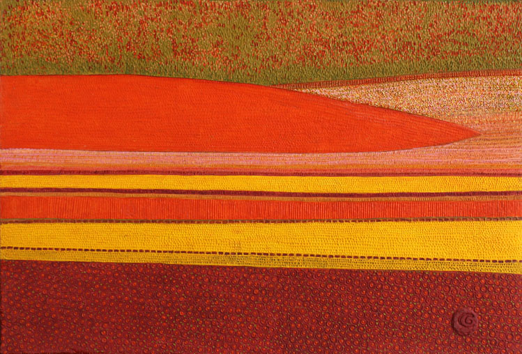 Provence 1, Handmade paper, Aerial Views, Abstracted aerial view of Provence, France flower fields. Acrylic on incised handmade paper. Year 2007.