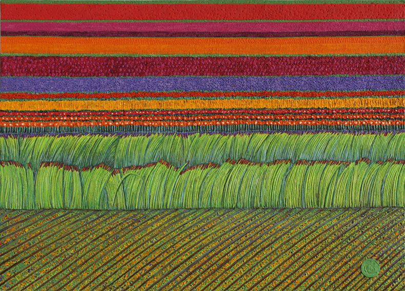 Striped Flower Field, Handmade paper, Aerial Views, Abstracted aerial view of fields of flowers.  Acrylic on incised handmade paper. Year 2010.