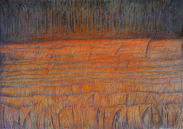 Sunset on Reeds, Handmade paper, Aerial Views, Acrylic on incised handmade paper. Year 2009.