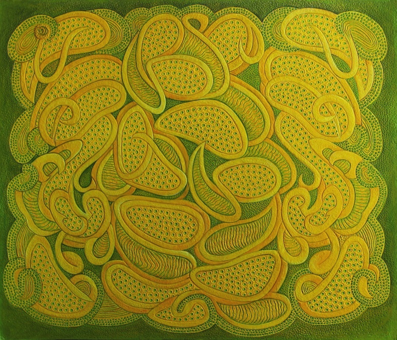 Yellow & Green Lichen, Handmade paper, Aerial Views, Acrylic on incised handmade paper. Year 2010.