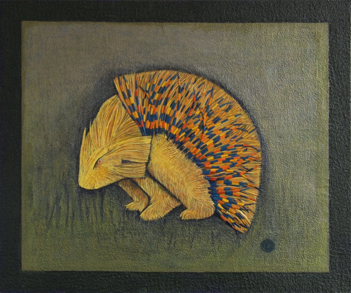 Porcupine, Handmade paper, Animals, Porcupine on textured background. Acrylic on incised handmade paper. Year 2005.