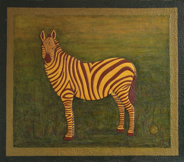 Zebra, Handmade paper, Animals, Zebra in grass field. Acrylic on incised handmade paper.  Year 2004/2006.