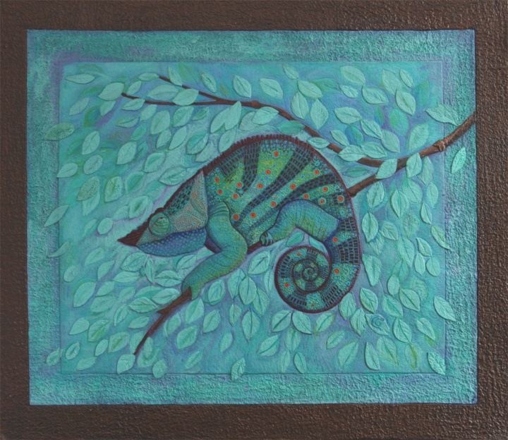 Chameleon, Handmade paper, Animals, Chameleon on branch. Acrylic and pastel on incised handmade paper. Year`2006.