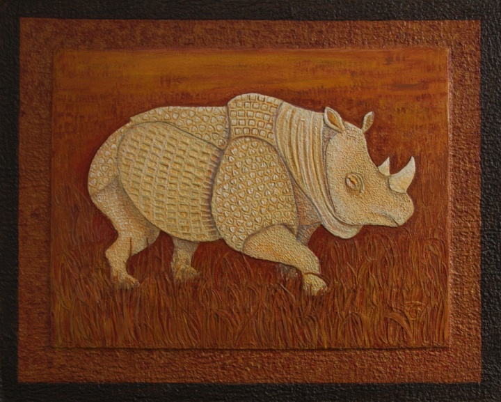 Rhino, Handmade paper, Animals, Rhino in grass field. Acrylic and gouache on incised handmade paper. Year 2010.