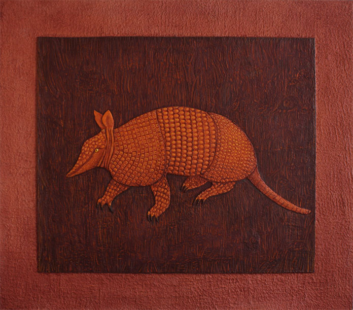 Armadillo, Handmade paper, Animals, Armadillo in grass field.  Acrylic on incised handmade paper. Year 2006.