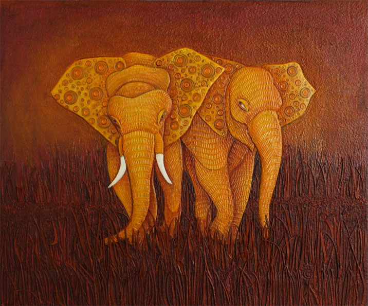 Elephants, Handmade paper, Animals, Two golden elephants in a grassy field. Acrylic on incised hand made paper and collaged grass. Year 2010.