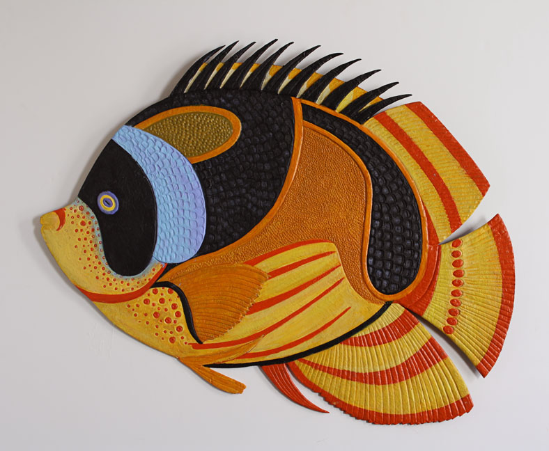 Fish Wall Hanging No. 1, Handmade paper, Animals, Racoon butterfly fish wall hanging. Acrylic on incised handmade paper. Year 2009.