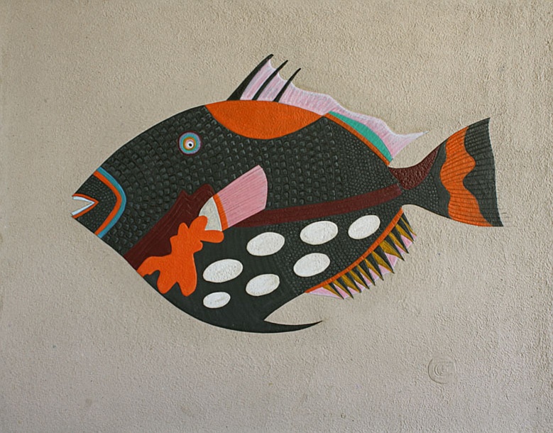 Fish with Spots, Handmade paper, Animals, Clown Trigger fish. Acrylic on incised handmade paper. Year 2005.