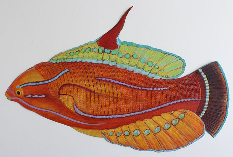 Fish Wall Hanging No. 2, Handmade paper, Animals, Yellowfin flasher wrasse fish wall hanging. Acrylic on incised handmade paper. Year 2009.