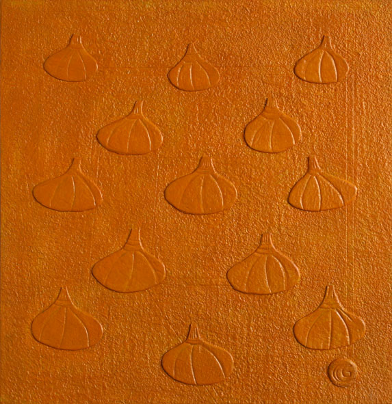 Pumpkin, Handmade paper, Color Series, Acrylic on incised handmade paper. Year 2010.