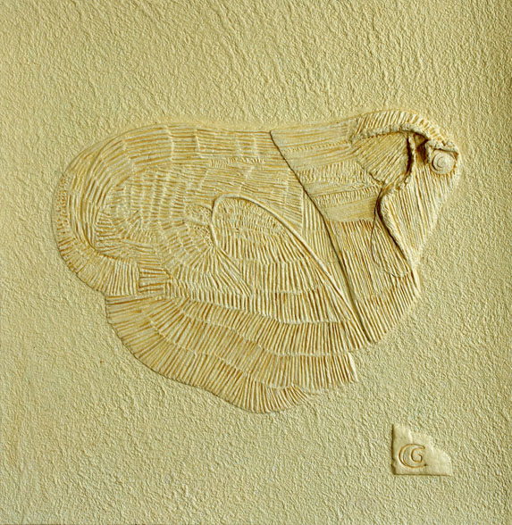 Bone Phoenix, Handmade paper, White & Black Series, Acrylic on incised handmade paper. Year 2010.