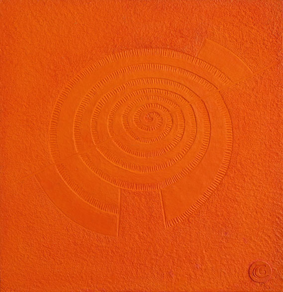 Orange Salt Flats, Handmade paper, Color Series, Acrylic on incised handmade paper. Year 2010.