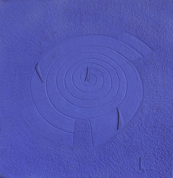 Medium Blue Sun Dial, Handmade paper, Color Series, Acrylic on incised handmade paper. Year 2010.