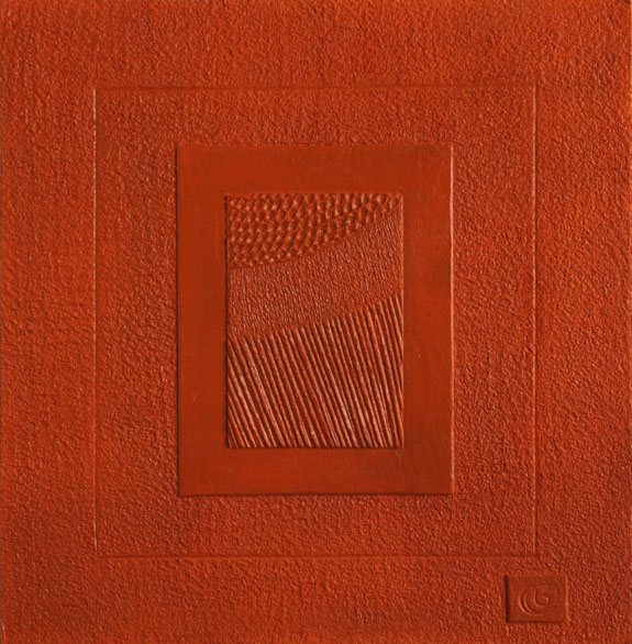 Burt Orange Sun Rays, Handmade paper, Color Series, Acrylic on incised handmade paper. Year 2010.