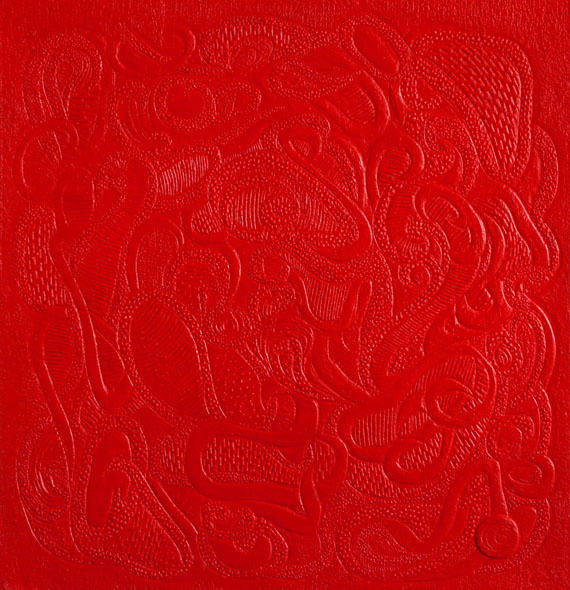 Dark Red Paisley Patterns, Handmade paper, Color Series, Acrylic on incised handmade paper. Year 2010.