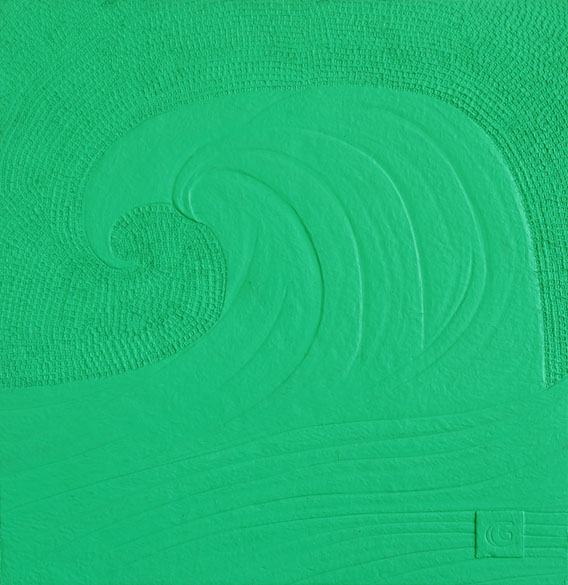 Jade Waves, Handmade paper, Color Series, Acrylic on incised handmade paper. Year 2010.