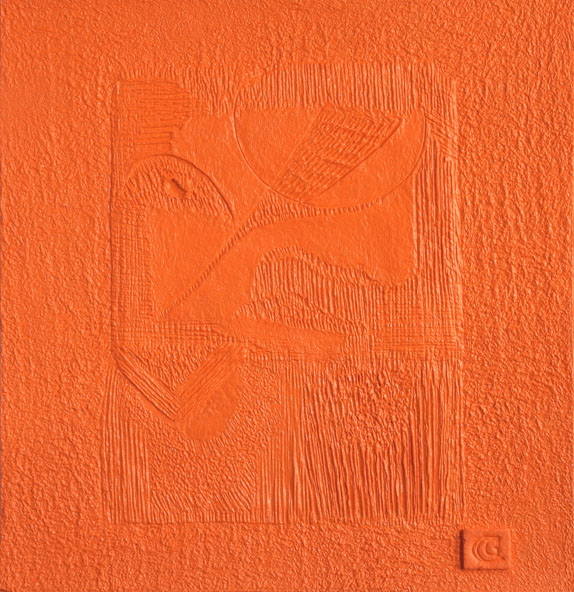 Papaya Orange Face, Handmade paper, Color Series, Acrylic on incised handmade paper. Year 2010.