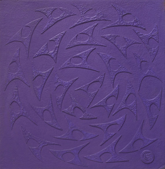 Purple Fish Swarming, Handmade paper, Color Series, Acrylic on incised handmade paper. Year 2010.