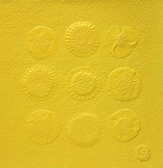 Lemon Yellow Flowers, Handmade paper, Color Series, Acrylic on incised handmade paper. Year 2010.