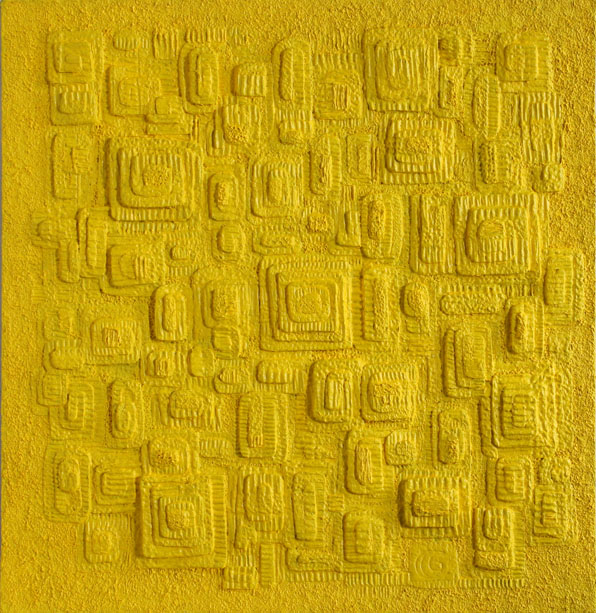 Sun Yellow Lichen, Handmade paper, Color Series, Acrylic on incised handmade paper. Year 2010.