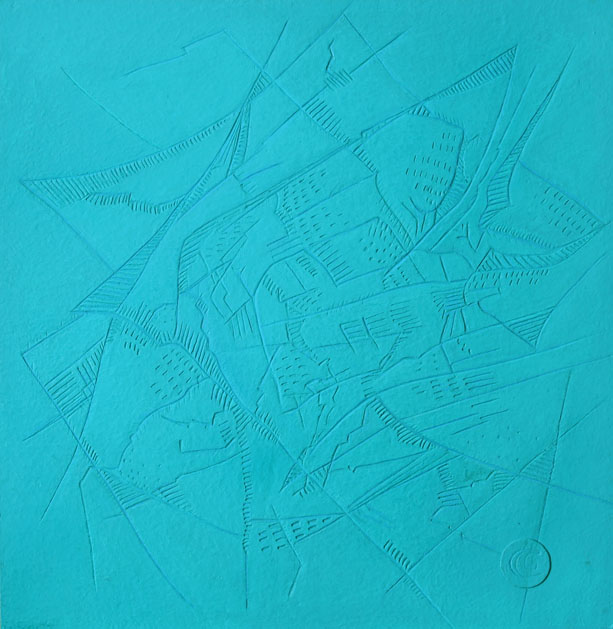 Turquoise Ice Breaking, Handmade paper, Color Series, Acrylic on incised handmade paper. Year 2010.