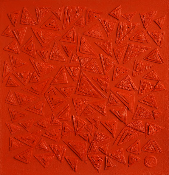 Orange Red Flight Of Insects, Handmade paper, Color Series, Acrylic on incised handmade paper. Year 2010.