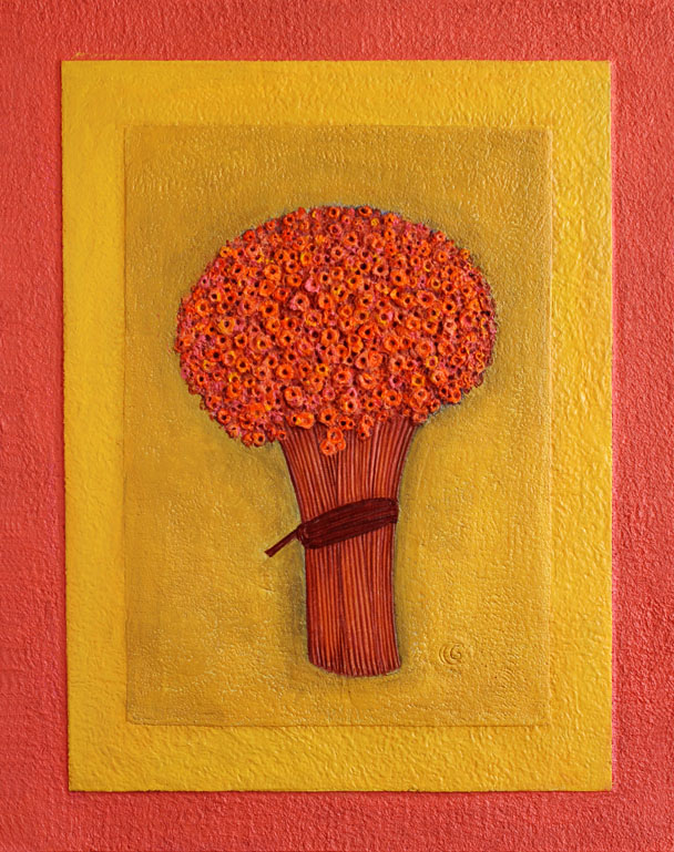 Nosegay flowers - Salmon and Yellow background., Handmade paper, Flowers, Acrylic on incised handmade paper. Year 2009.