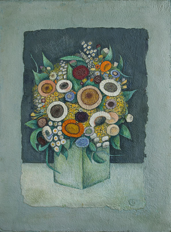 Mixed Flowers in Square Vase, Handmade paper, Flowers, Acrylic and water color on incised handmade paper. Year 1999.