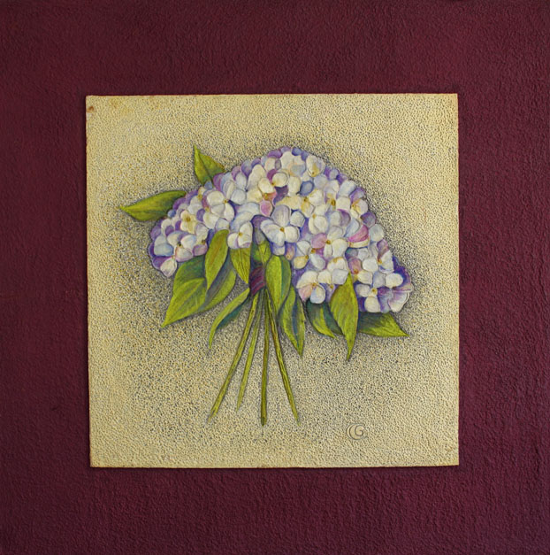 Hydrangea, Handmade paper, Flowers, Acrylic on incised handmade paper. Year 2003.