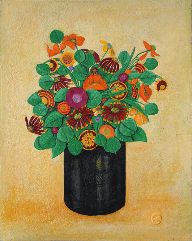 Daisies in Black Vase, Handmade paper, Flowers, Acrylic on incised handmade paper. Year 2010.