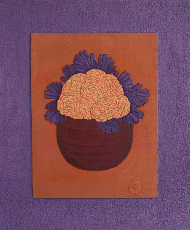 Flowers - Peach with Purple Leaves, Handmade paper, Flowers, Acrylic, gouache, water color, pastel on incised handmade paper. Year 2005.