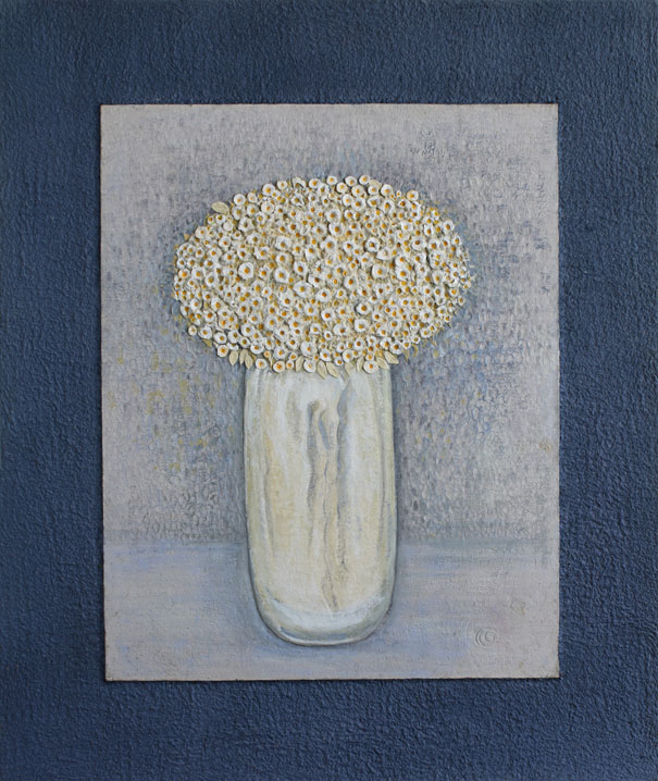 White Flowers in a White Vase, Handmade paper, Flowers, Acrylic, pastel, water color, gouache on incised handmade paper. Year 2004.