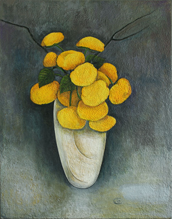 Yellow Flowers in a White Vase, Handmade paper, Flowers, Acrylic on incised handmade paper. Year 2004.